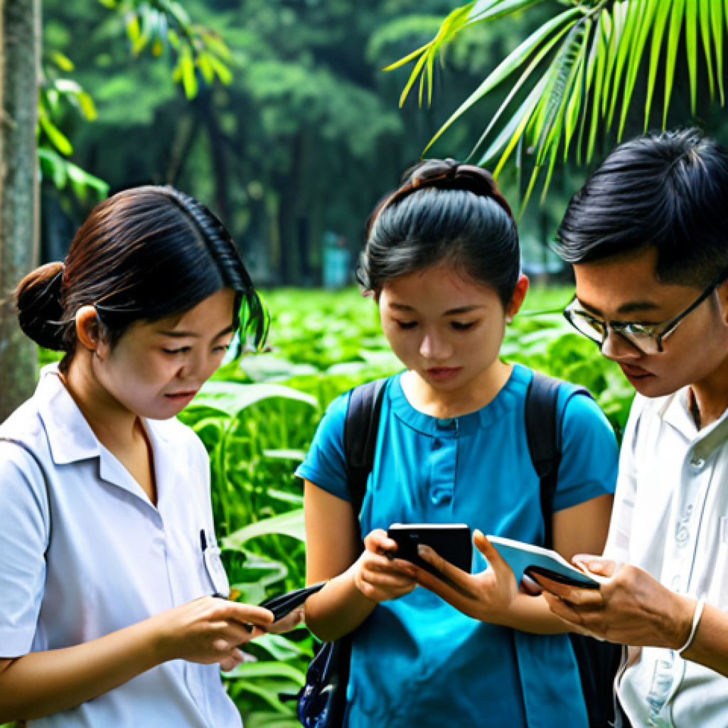 **

A group of Thai citizen scientists, fully clothed in appropriate attire, observing plant life in a lush public park in Bangkok. They are using mobile apps and digital devices for data collection. The scene is educational and family-friendly. Focus on perfect anatomy, correct proportions, and a natural pose. Ensure the image is safe for work and appropriate content.

**
