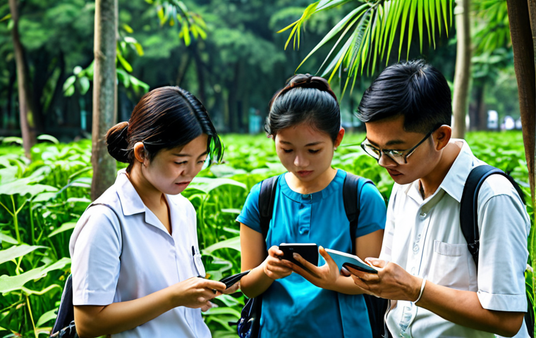 **

A group of Thai citizen scientists, fully clothed in appropriate attire, observing plant life in a lush public park in Bangkok. They are using mobile apps and digital devices for data collection. The scene is educational and family-friendly. Focus on perfect anatomy, correct proportions, and a natural pose. Ensure the image is safe for work and appropriate content.

**