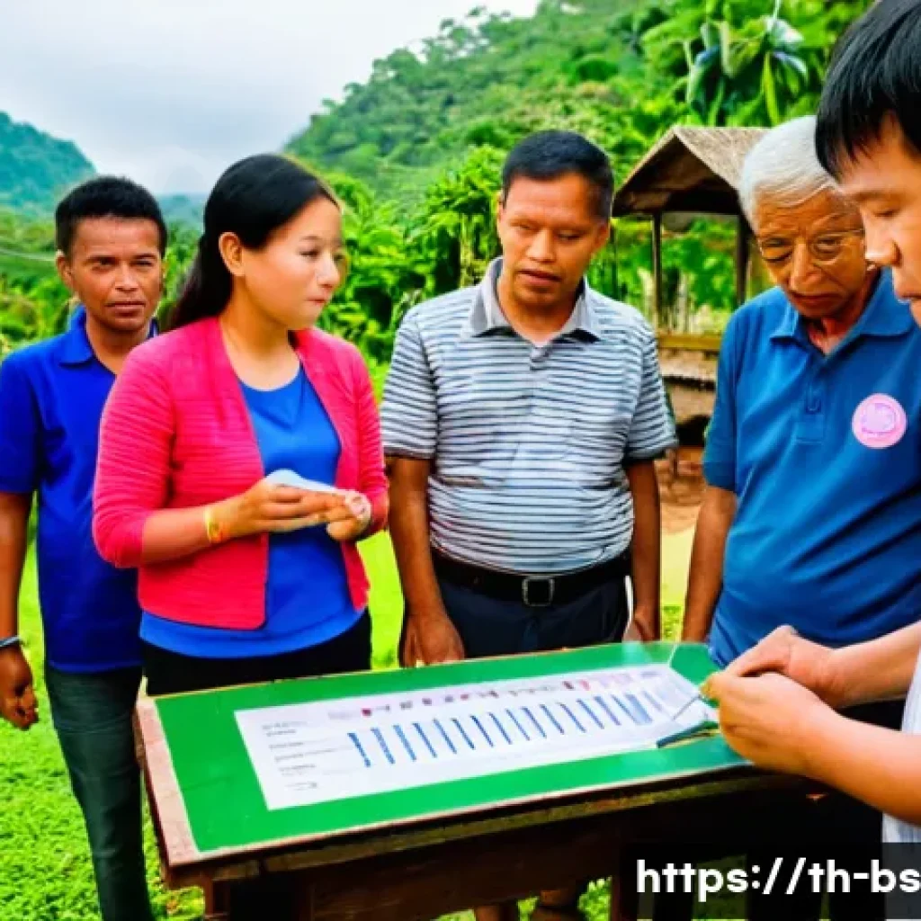 기후변화 시민 관측 참여를 위한 정책 제안 - A vibrant community workshop scene in a Thai village setting, showing diverse local people including...