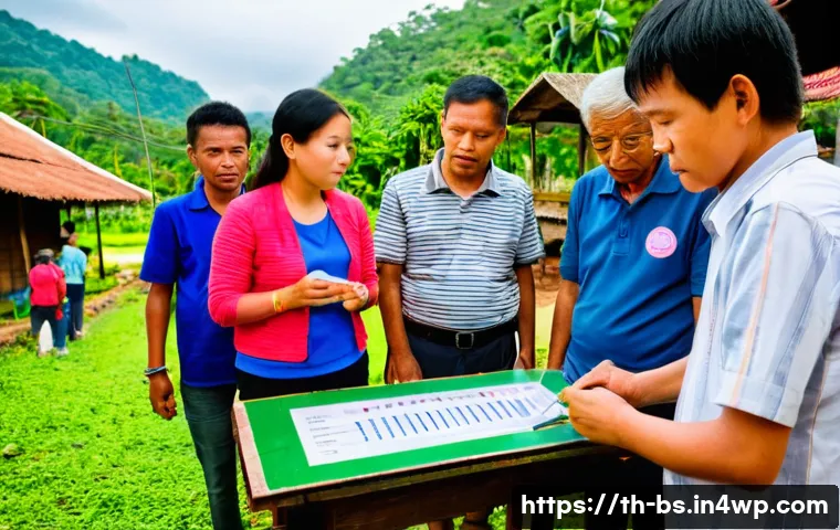 기후변화 시민 관측 참여를 위한 정책 제안 - A vibrant community workshop scene in a Thai village setting, showing diverse local people including...
