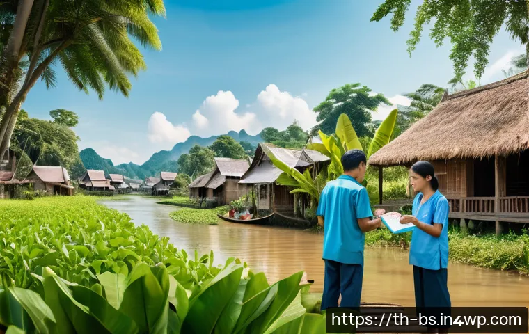 기후변화 시민 관측 참여의 글로벌 사례 - A vibrant Thai rural community actively participating in climate monitoring, featuring local village...