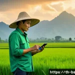 Home 19 정확한 기후 변화 데이터 수집의 필요성 - A modern Thai farmer in a lush green rice field using a smartphone weather app to check accurate wea...