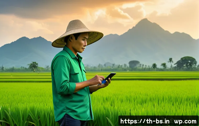 정확한 기후 변화 데이터 수집의 필요성 - A modern Thai farmer in a lush green rice field using a smartphone weather app to check accurate wea...