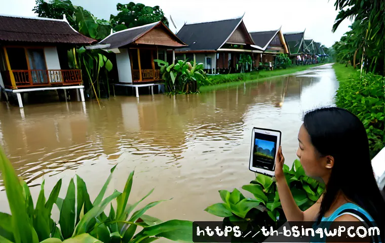 Home 29 기후변화 관측 참여를 위한 소셜 미디어 활용 - Photorealistic Thai community climate observation scene, an adult woman in modest casual clothing us...